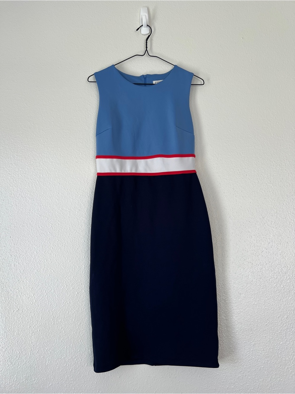 Colorblock Dress in Sky Blue and Navy with Red-Trim Waist
